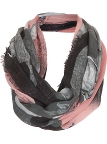 Scrap Book Floral Snood - occasions: casual, evening, work; predominant colour: multicoloured; type of pattern: heavy; style: snood; size: standard; material: fabric; embellishment: fringing; trends: modern geometrics; pattern: patterned/print