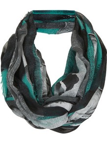 Scrap Book Floral Snood - predominant colour: turquoise; occasions: casual, evening, work, holiday; type of pattern: heavy; style: snood; size: standard; material: fabric; embellishment: fringing; trends: modern geometrics; pattern: patterned/print