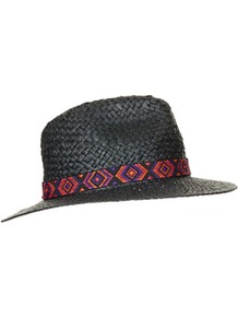 Straw Aztec Band Fedora Hat - predominant colour: black; occasions: casual, holiday; type of pattern: light; style: fedora; size: standard; material: macrame/raffia/straw; embellishment: ribbon; pattern: plain; trends: modern geometrics