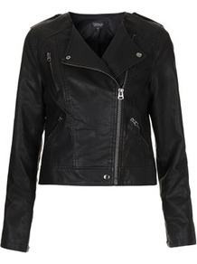 Collarless Biker Jacket - pattern: plain; style: biker; collar: asymmetric biker; fit: slim fit; predominant colour: black; occasions: casual, evening, work; length: standard; fibres: polyester/polyamide - 100%; sleeve length: long sleeve; sleeve style: standard; texture group: leather; collar break: high; pattern type: fabric; pattern size: standard