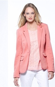 Daxon Ladies Milano Knit Jacket - pattern: plain; style: single breasted blazer; collar: standard lapel/rever collar; predominant colour: coral; occasions: casual, work, occasion, holiday; length: standard; fit: tailored/fitted; fibres: cotton - mix; sleeve length: long sleeve; sleeve style: standard; collar break: low/open; pattern type: fabric