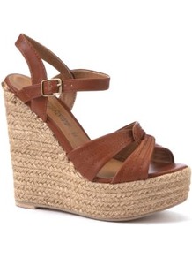 Tan Twisted Strap Woven Wedges - predominant colour: tan; occasions: casual, holiday; material: faux leather; heel height: high; embellishment: buckles; ankle detail: ankle strap; heel: wedge; toe: open toe/peeptoe; style: strappy; finish: plain; pattern: plain