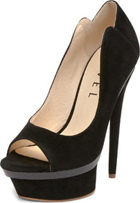 Black Stilleto Heel Shoe - predominant colour: black; occasions: evening, occasion; material: suede; heel height: high; heel: platform; toe: open toe/peeptoe; style: courts; finish: plain; pattern: plain