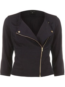 Navy Gold Trim Biker - pattern: plain; style: biker; collar: asymmetric biker; fit: slim fit; predominant colour: navy; occasions: casual; length: standard; fibres: polyester/polyamide - 100%; waist detail: fitted waist; sleeve length: 3/4 length; sleeve style: standard; collar break: high/illusion of break when open; pattern type: fabric; texture group: other - light to midweight
