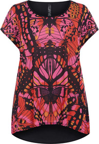Red & Pink Butterfly Front Print Top - neckline: round neck; length: below the bottom; style: t-shirt; predominant colour: hot pink; occasions: casual, evening; fibres: polyester/polyamide - 100%; fit: loose; back detail: longer hem at back than at front; sleeve length: short sleeve; sleeve style: standard; pattern type: fabric; pattern size: standard; pattern: patterned/print; texture group: jersey - stretchy/drapey