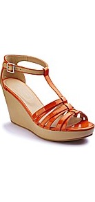 T Bar Wedge D Fit - predominant colour: bright orange; occasions: casual, holiday; material: faux leather; heel height: high; embellishment: buckles; ankle detail: ankle strap; heel: wedge; toe: open toe/peeptoe; style: strappy; finish: patent; pattern: plain