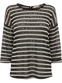 Stripe Zip Top, Black/White - neckline: round neck; pattern: striped; predominant colour: black; occasions: casual; length: standard; style: top; fibres: polyester/polyamide - mix; fit: straight cut; sleeve length: 3/4 length; sleeve style: standard; pattern type: fabric; pattern size: standard; texture group: jersey - stretchy/drapey; embellishment: sequins
