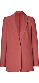 Terracotta Woven Tencel Cotton Chase Blazer - pattern: plain; style: single breasted blazer; length: below the bottom; collar: standard lapel/rever collar; predominant colour: terracotta; occasions: casual, work; fit: straight cut (boxy); fibres: cotton - mix; sleeve length: long sleeve; sleeve style: standard; trends: tuxedo; collar break: low/open; pattern type: fabric; texture group: woven light midweight