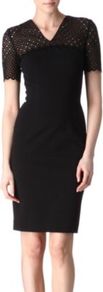 Cut Out Detail Dress - style: shift; neckline: v-neck; fit: tailored/fitted; pattern: plain; waist detail: fitted waist; predominant colour: black; occasions: evening, work; length: just above the knee; fibres: silk - mix; bust detail: contrast pattern/fabric/detail at bust; sleeve length: short sleeve; sleeve style: standard; texture group: lace; pattern type: fabric; embellishment: embroidered