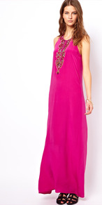 Silk Crepe Nisha Maxi Dress - fit: loose; sleeve style: sleeveless; style: maxi dress; bust detail: added detail/embellishment at bust; predominant colour: magenta; occasions: casual, evening, holiday; length: floor length; fibres: silk - 100%; neckline: crew; sleeve length: sleeveless; texture group: silky - light; pattern type: fabric; pattern size: small & light; pattern: patterned/print; embellishment: beading