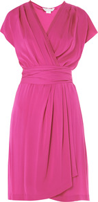 Mateo Dress - style: faux wrap/wrap; neckline: v-neck; sleeve style: capped; pattern: plain; waist detail: wide waistband/cummerbund; bust detail: ruching/gathering/draping/layers/pintuck pleats at bust; predominant colour: hot pink; occasions: evening, occasion; length: just above the knee; fit: body skimming; fibres: silk - mix; sleeve length: short sleeve; texture group: silky - light; pattern type: fabric