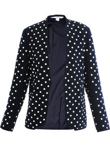 Paulette Jacket - style: single breasted blazer; collar: shawl/waterfall; pattern: polka dot; predominant colour: navy; occasions: evening, work, occasion; length: standard; fit: tailored/fitted; fibres: polyester/polyamide - 100%; sleeve length: long sleeve; sleeve style: standard; trends: tuxedo; collar break: low/open; pattern type: fabric; pattern size: small & busy; texture group: other - light to midweight