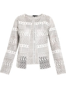 Laser Cut Leather Jacket - collar: round collar/collarless; style: boxy; predominant colour: ivory; occasions: casual, evening, work; length: standard; fit: straight cut (boxy); fibres: leather - 100%; sleeve length: long sleeve; sleeve style: standard; texture group: leather; collar break: high/illusion of break when open; pattern type: fabric; pattern size: standard; pattern: patterned/print