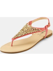 Hilton Toepost Sandals, Coral - predominant colour: coral; occasions: casual, evening, holiday; material: faux leather; heel height: flat; embellishment: beading; heel: standard; toe: toe thongs; style: flip flops / toe post; finish: plain; pattern: plain