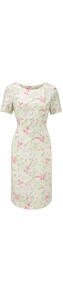Sage Garden Floral Shift Dress - style: shift; neckline: round neck; fit: tailored/fitted; waist detail: fitted waist; predominant colour: ivory; occasions: casual, evening, work, occasion; length: just above the knee; fibres: linen - 100%; sleeve length: short sleeve; sleeve style: standard; pattern type: fabric; pattern size: small & busy; pattern: patterned/print; texture group: other - light to midweight
