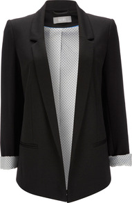 Black Blazer - pattern: plain; style: single breasted blazer; length: below the bottom; collar: standard lapel/rever collar; predominant colour: black; occasions: casual, evening, work; fit: tailored/fitted; fibres: polyester/polyamide - stretch; sleeve length: long sleeve; sleeve style: standard; texture group: cotton feel fabrics; collar break: low/open; pattern type: fabric