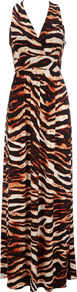 Brown Animal Print Maxi Dress - neckline: low v-neck; fit: fitted at waist; sleeve style: sleeveless; style: maxi dress; length: ankle length; waist detail: fitted waist; predominant colour: chocolate brown; occasions: casual, evening, holiday; fibres: polyester/polyamide - mix; sleeve length: sleeveless; pattern type: fabric; pattern size: big & busy; pattern: animal print; texture group: jersey - stretchy/drapey