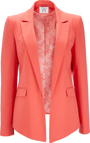 Coral Jacket - pattern: plain; style: single breasted blazer; collar: wide lapels; length: below the bottom; predominant colour: coral; occasions: casual, evening, work, occasion; fit: tailored/fitted; fibres: polyester/polyamide - stretch; sleeve length: long sleeve; sleeve style: standard; collar break: low/open; pattern type: fabric; pattern size: standard; texture group: woven light midweight