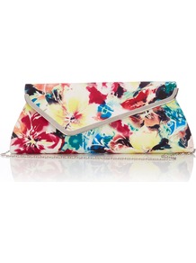 Satin Clutch Bag - occasions: evening, occasion, holiday; predominant colour: multicoloured; type of pattern: standard; style: clutch; length: hand carry; size: standard; material: satin; pattern: florals; trends: high impact florals; finish: plain; embellishment: chain/metal