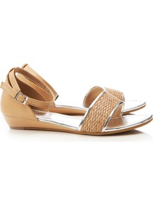 Cream Wedge Shoe - predominant colour: camel; occasions: casual, holiday; material: macrame/raffia/straw; heel height: mid; ankle detail: ankle strap; heel: wedge; toe: open toe/peeptoe; style: standard; finish: plain; pattern: plain