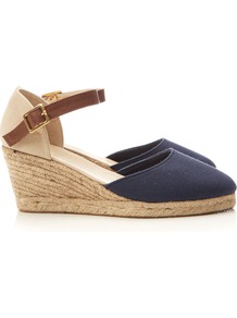 Navy Wedge Espadrille - predominant colour: navy; occasions: casual, holiday; material: fabric; heel height: mid; embellishment: buckles; ankle detail: ankle strap; heel: wedge; style: standard; finish: plain; pattern: colourblock