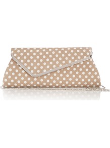 Mink Polka Dot Clutch Bag - predominant colour: taupe; occasions: evening, occasion, holiday; type of pattern: standard; style: clutch; length: hand carry; size: small; material: fabric; pattern: polka dot; trends: metallics; finish: plain; embellishment: chain/metal