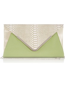 Green Snake Print Clutch Bag - predominant colour: pistachio; occasions: evening, occasion; type of pattern: light; style: clutch; length: hand carry; size: small; material: faux leather; pattern: animal print; finish: plain; embellishment: chain/metal