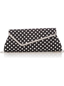 Black Polka Dot Clutch Bag - predominant colour: black; occasions: evening, occasion, holiday; type of pattern: standard; style: clutch; length: hand carry; size: small; material: fabric; pattern: polka dot; finish: plain; embellishment: chain/metal