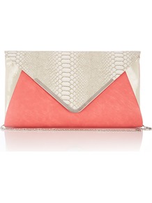 Coral Snake Print Clutch Bag - predominant colour: coral; occasions: evening, occasion; type of pattern: light; style: clutch; length: hand carry; size: small; material: faux leather; pattern: animal print; trends: fluorescent; finish: plain; embellishment: chain/metal