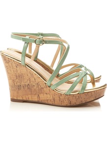 Green Wedge Sandal - predominant colour: pistachio; occasions: casual, occasion, holiday; material: faux leather; heel height: high; ankle detail: ankle strap; heel: wedge; toe: open toe/peeptoe; style: strappy; finish: patent; pattern: plain
