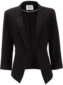 Black Jacket - pattern: plain; style: single breasted blazer; collar: standard lapel/rever collar; predominant colour: black; occasions: evening, work, occasion; length: standard; fit: tailored/fitted; fibres: polyester/polyamide - stretch; waist detail: fitted waist; sleeve length: 3/4 length; sleeve style: standard; collar break: low/open; pattern type: fabric; pattern size: standard; texture group: woven light midweight