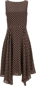 Brown Polka Dot Dress - length: below the knee; neckline: slash/boat neckline; sleeve style: sleeveless; waist detail: fitted waist; pattern: polka dot; predominant colour: chocolate brown; occasions: evening, occasion; fit: fitted at waist & bust; style: asymmetric (hem); fibres: polyester/polyamide - 100%; hip detail: soft pleats at hip/draping at hip/flared at hip; sleeve length: sleeveless; texture group: sheer fabrics/chiffon/organza etc.; pattern type: fabric; pattern size: standard