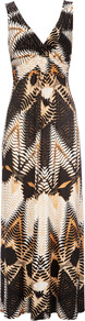 Brown Tribal Print Petite Maxi Dress - neckline: low v-neck; fit: empire; sleeve style: sleeveless; style: maxi dress; waist detail: fitted waist; predominant colour: camel; occasions: casual, holiday; length: floor length; fibres: polyester/polyamide - mix; hip detail: soft pleats at hip/draping at hip/flared at hip; sleeve length: sleeveless; pattern type: fabric; pattern size: big & busy; pattern: patterned/print; texture group: jersey - stretchy/drapey