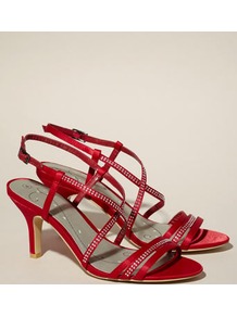 Belle Diamante Strap Sandal - predominant colour: true red; occasions: evening, occasion; material: satin; heel height: mid; embellishment: crystals; heel: kitten; toe: open toe/peeptoe; style: strappy; finish: plain; pattern: plain