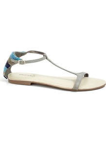 Blue Bead Back Flat Sandal - predominant colour: light grey; occasions: casual, holiday; material: faux leather; heel height: flat; embellishment: beading; ankle detail: ankle strap; heel: standard; toe: open toe/peeptoe; style: standard; finish: plain; pattern: plain