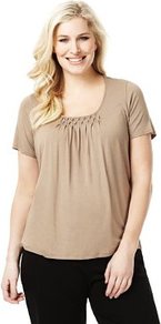 Plus Short Sleeve Honeycomb Top With Stay New™ - pattern: plain; bust detail: ruching/gathering/draping/layers/pintuck pleats at bust; predominant colour: camel; occasions: casual, work, holiday; length: standard; style: top; neckline: scoop; fibres: viscose/rayon - stretch; fit: loose; sleeve length: short sleeve; sleeve style: standard; pattern type: fabric; pattern size: standard; texture group: jersey - stretchy/drapey