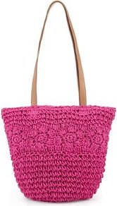 Floral Straw Bag - predominant colour: hot pink; occasions: casual, holiday; type of pattern: light; style: shoulder; length: handle; size: standard; material: macrame/raffia/straw; pattern: plain; finish: plain