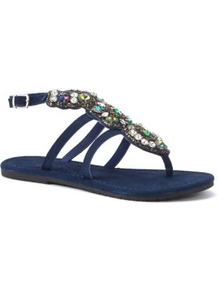 Navy Chunky Stone Embellished Sandals - predominant colour: navy; occasions: casual, evening, holiday; material: satin; heel height: flat; embellishment: jewels; ankle detail: ankle strap; heel: standard; toe: toe thongs; style: flip flops / toe post; finish: plain; pattern: plain