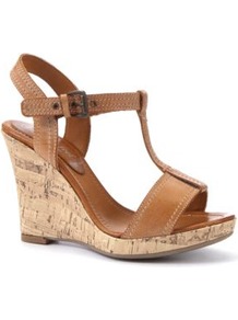Wide Fit Leather Tan T Bar Cork Wedges - predominant colour: tan; occasions: casual, holiday; material: faux leather; heel height: high; embellishment: buckles; ankle detail: ankle strap; heel: wedge; toe: open toe/peeptoe; style: standard; finish: plain; pattern: plain
