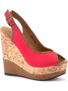 Coral Canvas Sling Back Wedges - predominant colour: coral; occasions: casual, evening, holiday; material: fabric; heel height: high; embellishment: buckles; ankle detail: ankle strap; heel: wedge; toe: open toe/peeptoe; style: slingbacks; finish: plain; pattern: plain