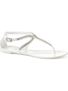 White Diamante Strap Jelly Sandals - predominant colour: white; occasions: casual, holiday; material: plastic/rubber; heel height: flat; embellishment: crystals; ankle detail: ankle strap; heel: standard; toe: toe thongs; style: flip flops / toe post; finish: plain; pattern: plain