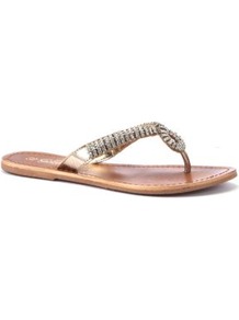 Gold Diamante Stud Cut Out Flip Flops - predominant colour: gold; occasions: casual, evening, holiday; material: faux leather; heel height: flat; embellishment: crystals; heel: standard; toe: toe thongs; style: flip flops / toe post; finish: metallic; pattern: plain