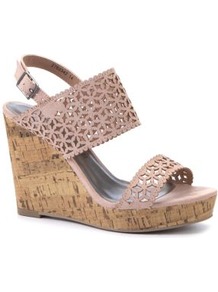 Nude Cut Out Wide Strap Cork Wedges - predominant colour: nude; occasions: casual, holiday; material: faux leather; heel height: high; embellishment: buckles; heel: wedge; toe: open toe/peeptoe; style: standard; finish: plain; pattern: patterned/print