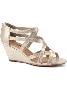 Wide Fit Gold Strappy Wedge Sandals - predominant colour: gold; occasions: evening, occasion, holiday; material: faux leather; heel height: mid; embellishment: zips; ankle detail: ankle strap; heel: wedge; toe: open toe/peeptoe; style: strappy; trends: metallics; finish: metallic; pattern: plain