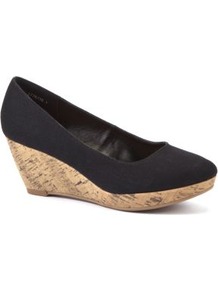 Wide Fit Black Canvas Wedge Shoes - predominant colour: black; occasions: casual, work, holiday; material: fabric; heel height: mid; heel: wedge; toe: round toe; style: courts; finish: plain; pattern: plain