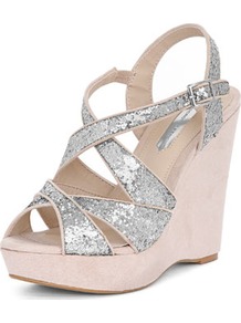 Grey Glitter Wedges - predominant colour: silver; occasions: evening, occasion; material: faux leather; heel height: high; embellishment: glitter; ankle detail: ankle strap; heel: wedge; toe: open toe/peeptoe; style: strappy; finish: metallic; pattern: plain