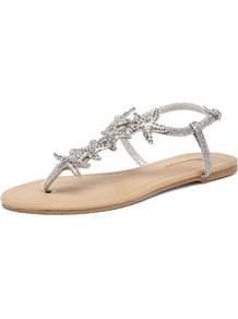 Silver Starfish Sandals - predominant colour: silver; occasions: casual, evening, holiday; material: faux leather; heel height: flat; embellishment: crystals; ankle detail: ankle strap; heel: standard; toe: toe thongs; style: flip flops / toe post; finish: metallic; pattern: plain