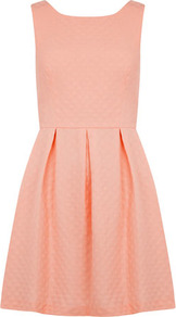 Coral Spot Jacquard Prom Dress - length: mid thigh; pattern: plain; sleeve style: sleeveless; style: prom dress; waist detail: fitted waist; predominant colour: coral; occasions: casual, evening; fit: fitted at waist & bust; fibres: cotton - mix; neckline: crew; hip detail: structured pleats at hip; sleeve length: sleeveless; pattern type: fabric; texture group: brocade/jacquard