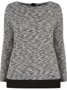 Chiffon Hem Knit Top - neckline: round neck; length: below the bottom; style: standard; predominant colour: black; occasions: casual, work; fibres: cotton - mix; fit: standard fit; hip detail: contrast fabric/print detail at hip; back detail: embellishment at back; sleeve length: long sleeve; sleeve style: standard; texture group: knits/crochet; pattern type: knitted - other; pattern size: standard; pattern: patterned/print