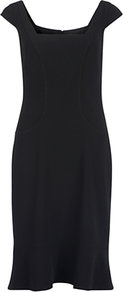 Fine Wool Square Neck Dress, Black - style: shift; sleeve style: capped; pattern: plain; back detail: low cut/open back; hip detail: fitted at hip; predominant colour: black; occasions: casual, evening, work, occasion; length: just above the knee; fit: body skimming; fibres: wool - mix; sleeve length: short sleeve; neckline: low square neck; pattern type: fabric; pattern size: standard; texture group: jersey - stretchy/drapey